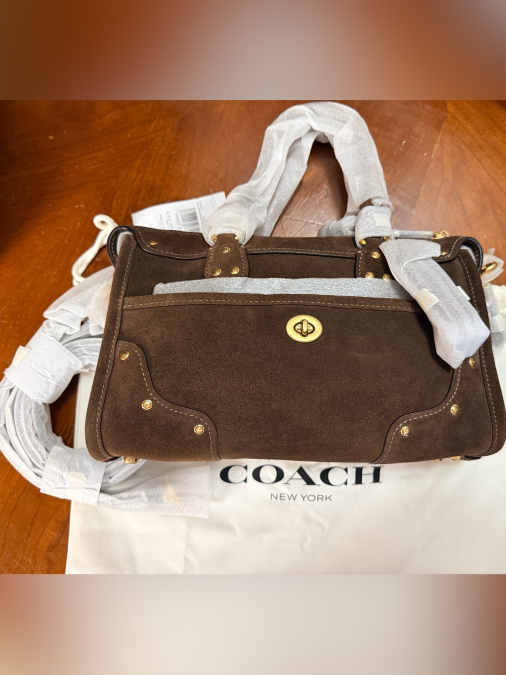 Coach Rhyder Satchel Bag 24 suede brass dark chocolate - Picture 3 of 3
